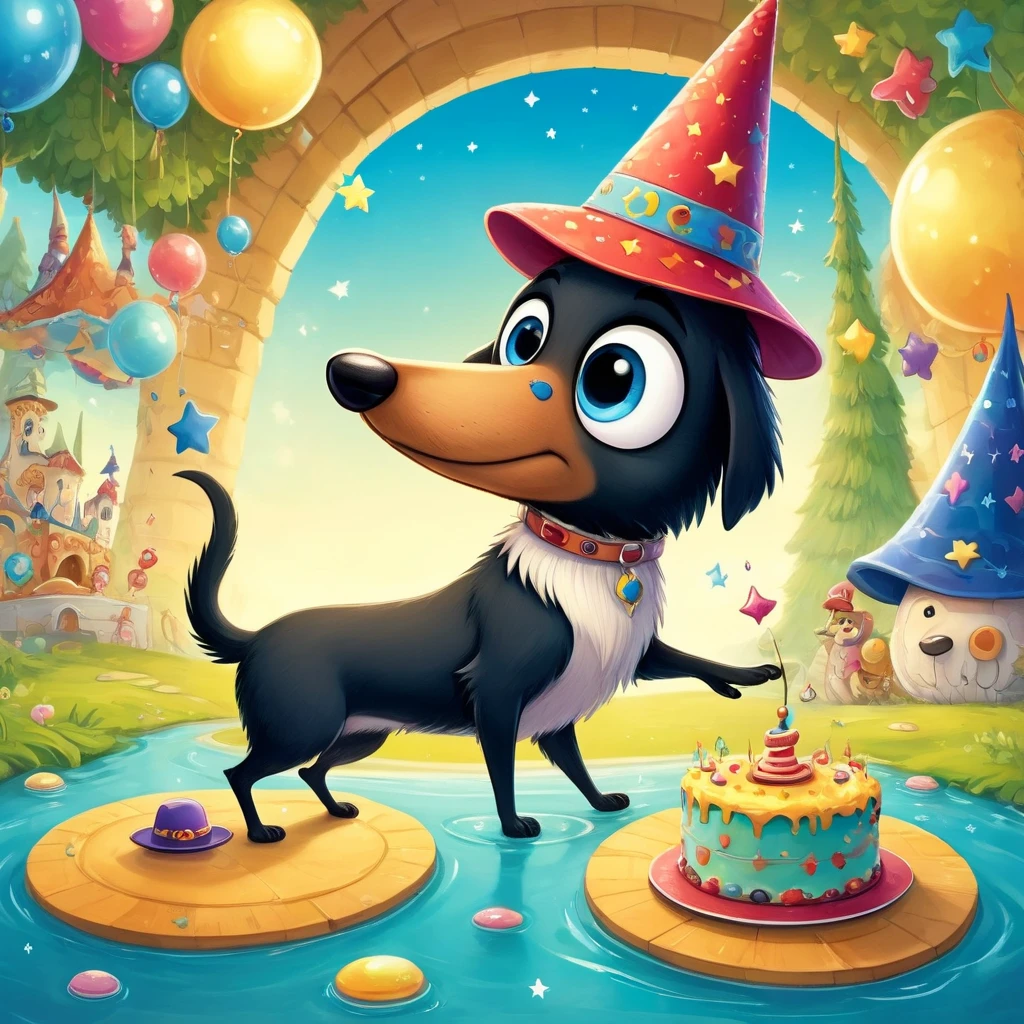 ein Fisheye-Cartoon mit Hundekopf, strongly elongated snout, ausdrucksstarke Augen, Karikatur, Albeniz Rodriguez-Stil, italienisches Windspiel, with  hat, Geburtstag, Congratulations, Torte