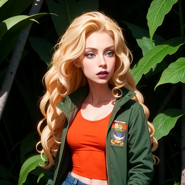 debbieb3rry, in jungle, long curly blonde hair, green jacket, orange shirt, torn jeans, purple lips, (intricate details), perfect eyes, perfect face, perfect lighting, beautiful, (masterpiece:1.2), (best quality:1.2)