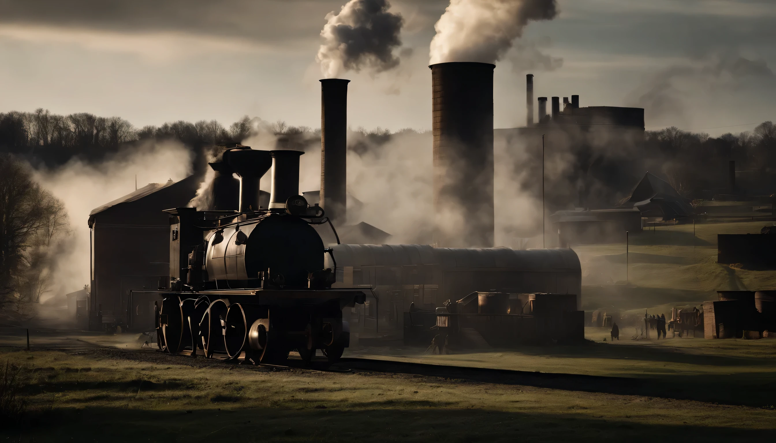Industrial Revolution: Contrast rural life with urban industry, with factories belching smoke and workers toiling in mills. Show technological innovations like steam engines and spinning machines transforming society.