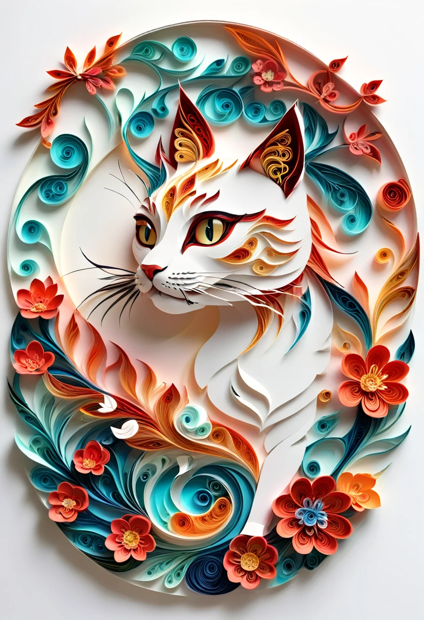 (paper art，layered paper art，paper quilling, paper cuttings art,paper sculpture ), Against a pure white background,Chinese color,On circular white paper, spring,1 beautiful colorfull cat