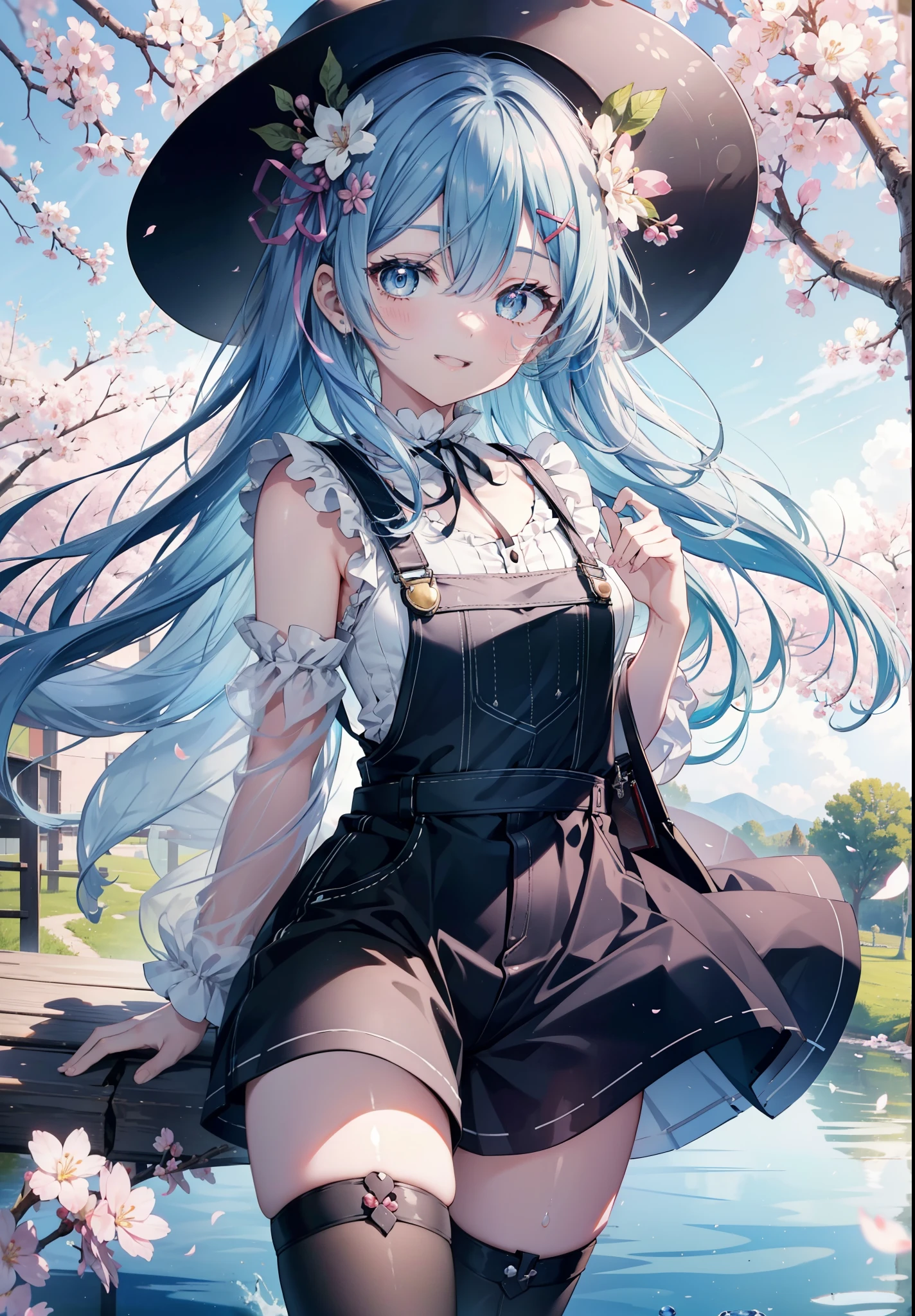 rezeroRem, Rem, blue eyes, blue hair, hair ornaments, hair above one eye, hair ribbon, long hair, x hair ornaments,happy smile, smile, open your mouth,skirt,Hunting Hat,Pink tank top shirt,bare arms,denim overalls,shorts,black tights,Mini Boots,cherry blossoms,cherry blossoms並木道,cherry blossomsが咲いている,cherry blossomsが散っている,morning,morning日,the sun is rising,
break outdoors, garden,
break looking at viewer, (cowboy shot:1. 5)
break (masterpiece:1.2), highest quality, High resolution, unity 8k wallpaper, (figure:0.8), (detailed and beautiful eyes:1.6), extRemely detailed face, perfect lighting, extRemely detailed CG, (perfect hands, perfect anatomy),