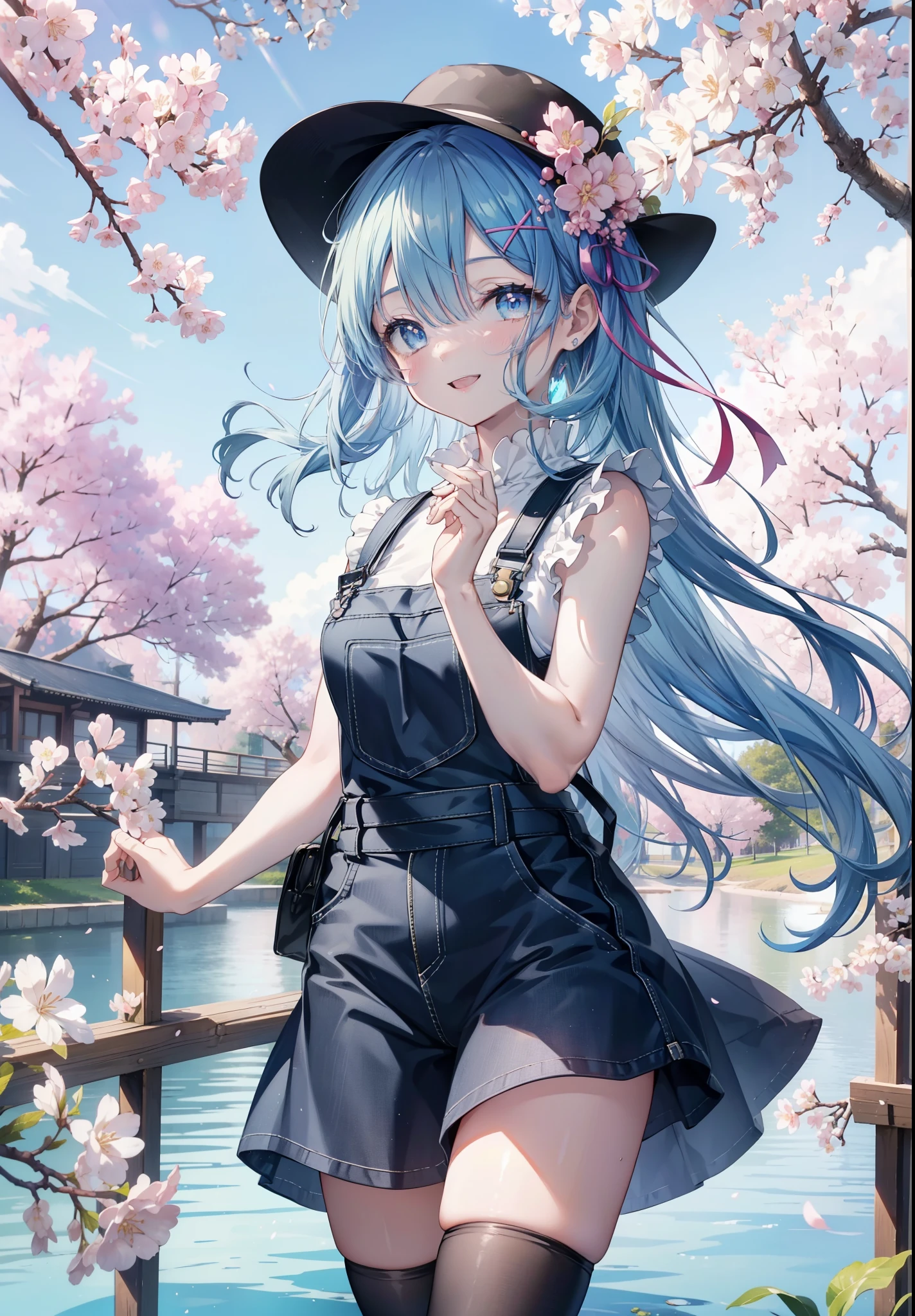 rezeroRem, Rem, blue eyes, blue hair, hair ornaments, hair above one eye, hair ribbon, long hair, x hair ornaments,happy smile, smile, open your mouth,skirt,Hunting Hat,Pink tank top shirt,bare arms,denim overalls,shorts,black tights,Mini Boots,cherry blossoms,cherry blossoms並木道,cherry blossomsが咲いている,cherry blossomsが散っている,morning,morning日,the sun is rising,
break outdoors, garden,
break looking at viewer, (cowboy shot:1. 5)
break (masterpiece:1.2), highest quality, High resolution, unity 8k wallpaper, (figure:0.8), (detailed and beautiful eyes:1.6), extRemely detailed face, perfect lighting, extRemely detailed CG, (perfect hands, perfect anatomy),