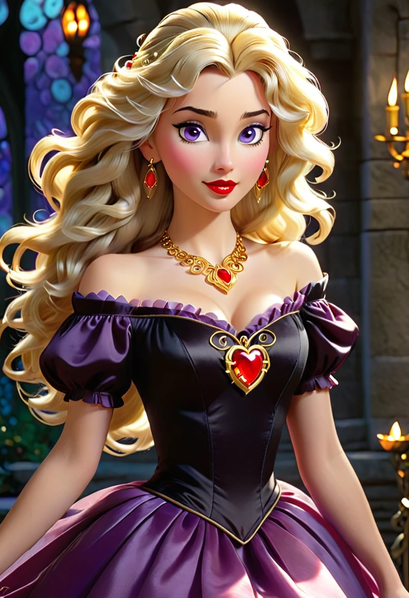 (( Odette also known as the Swan Princess)) in the ((animated movie created by Walt Disney)) Is a Slender, beautiful, fair skin, Woman with ((amethyst eyes)) ((long shiny blonde, bouncy,curly hair that reaches pass her back)) ((wavy bangs swept to one side of her head)), ((red lips)) ((a golden heart-shaped locket)) attached to a (( necklace)) hands from her neck. She wears a black medieval basque off-shoulder bodice with red trimmings.Attached to the bodice is a black tight fittingskirt