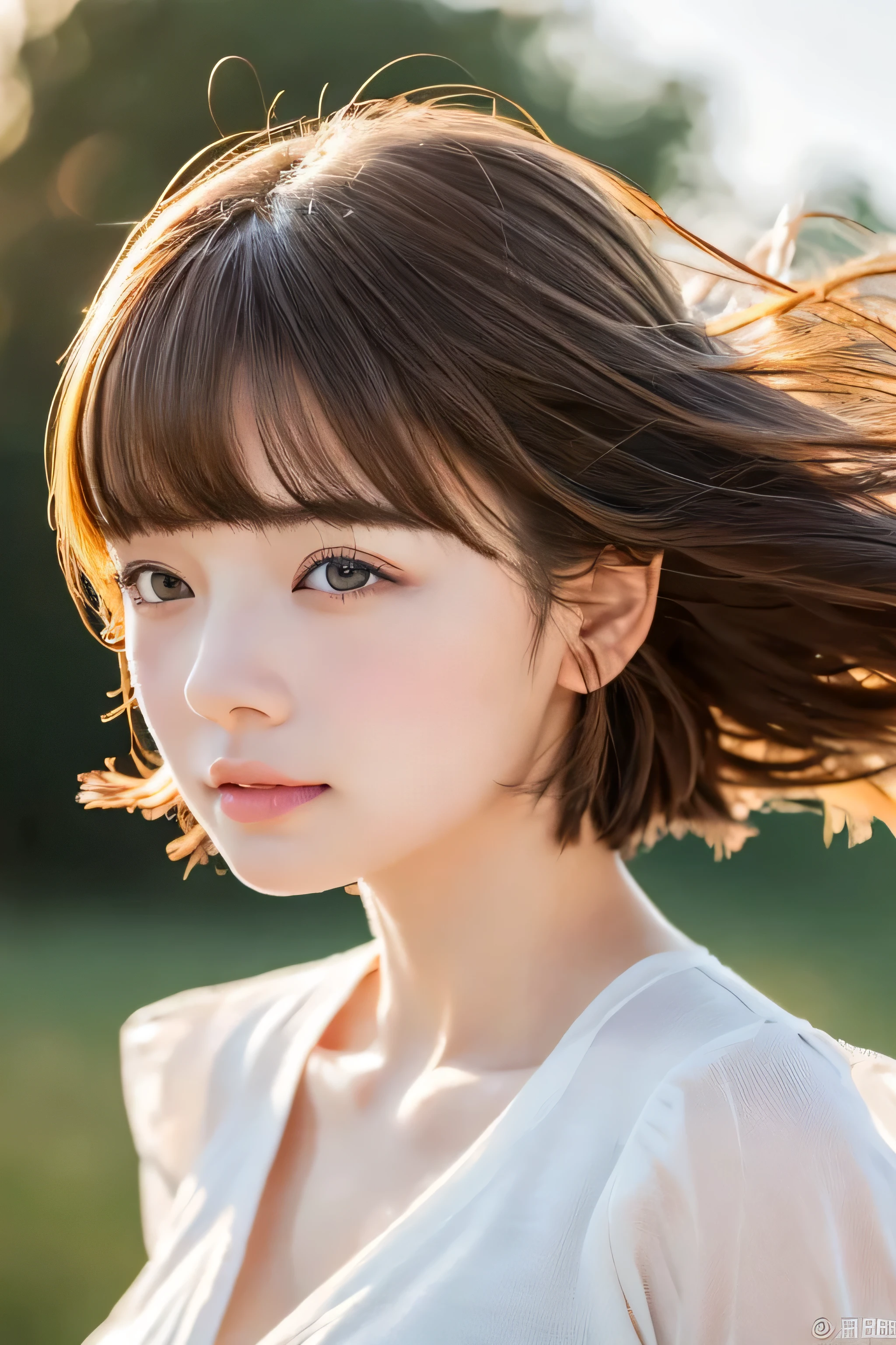 ((hair blowing in the wind、No makeup:1.2))、(realistic、Photoreal、super detailed、best detailed skins、highest quality、masterpiece、超A high resolution)、cute russian woman、14 years、high school girl、young girl、1 girl、have bangs、ash blonde:1.7、double eyelid、drooling eyes、Japanese style face、purity、realistic skin type、fluffy hair、red cheeks、The wind is blowing、night、illumination、lighting from behind、hair blowing in the wind、firm chest、short hair