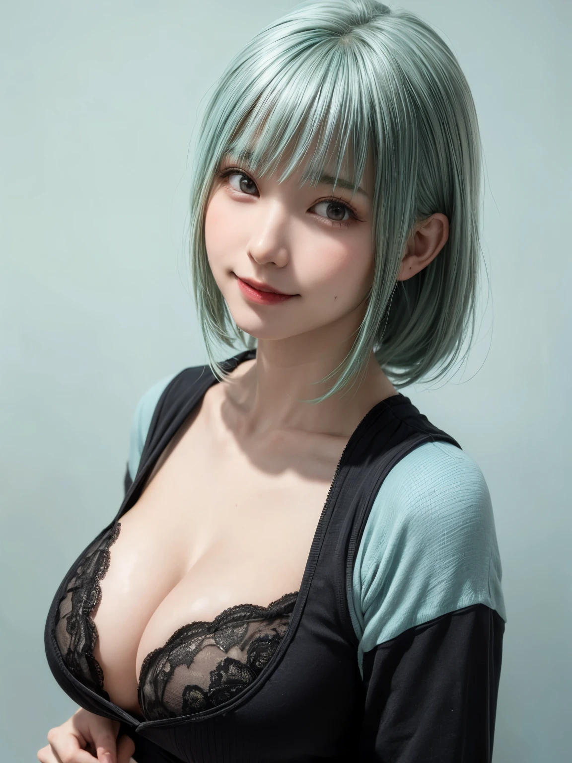1 girl, alone, alone focus, cowboy shot, portrait, oversized hoodie, aqua green and white hoodie, half aqua, half green, ((black hair)), (yellow hair), (gradient hair :1.5), curly hair, ((pink eyes)), highly detailed eyes, tan, (dark caramel skin:1.1), highest quality, Super detailed, white background, simple background、happy smile、beautiful decollete、long neck、stick out ears、{gigantic|big|huge|mega} breasts, cleavage