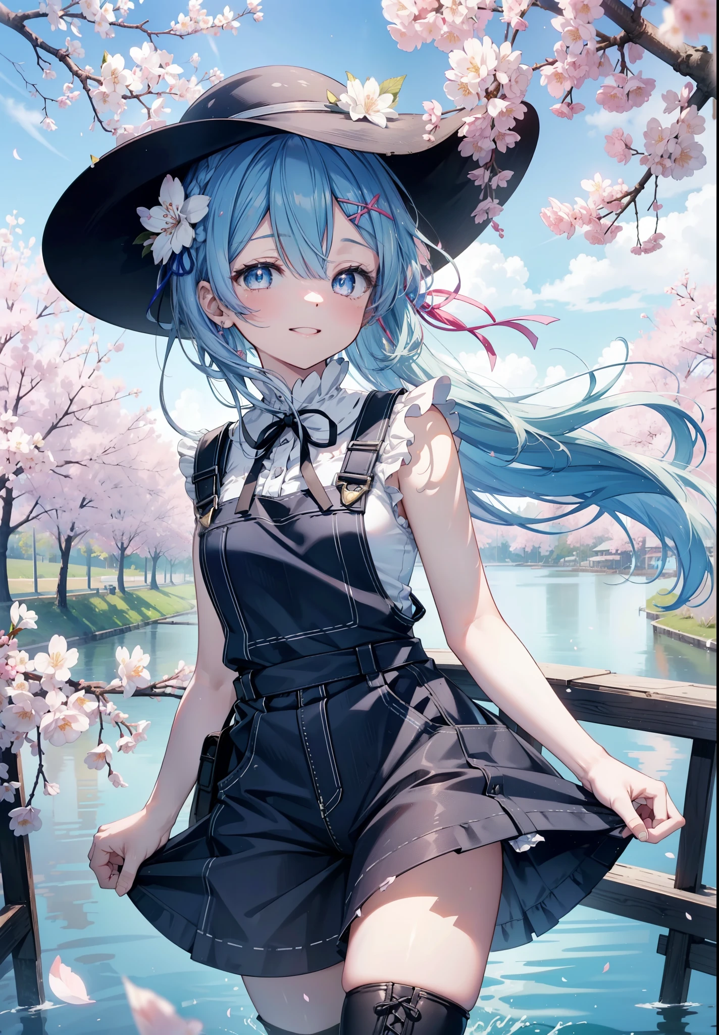 rezeroRem, Rem, blue eyes, blue hair, hair ornaments, hair above one eye, hair ribbon, long hair, x hair ornaments,happy smile, smile, open your mouth,skirt,Hunting Hat,Pink tank top shirt,bare arms,denim overalls,shorts,black tights,Mini Boots,cherry blossoms,cherry blossoms並木道,cherry blossomsが咲いている,cherry blossomsが散っている,morning,morning日,the sun is rising,
break outdoors, garden,
break looking at viewer, (cowboy shot:1. 5)
break (masterpiece:1.2), highest quality, High resolution, unity 8k wallpaper, (figure:0.8), (detailed and beautiful eyes:1.6), extRemely detailed face, perfect lighting, extRemely detailed CG, (perfect hands, perfect anatomy),