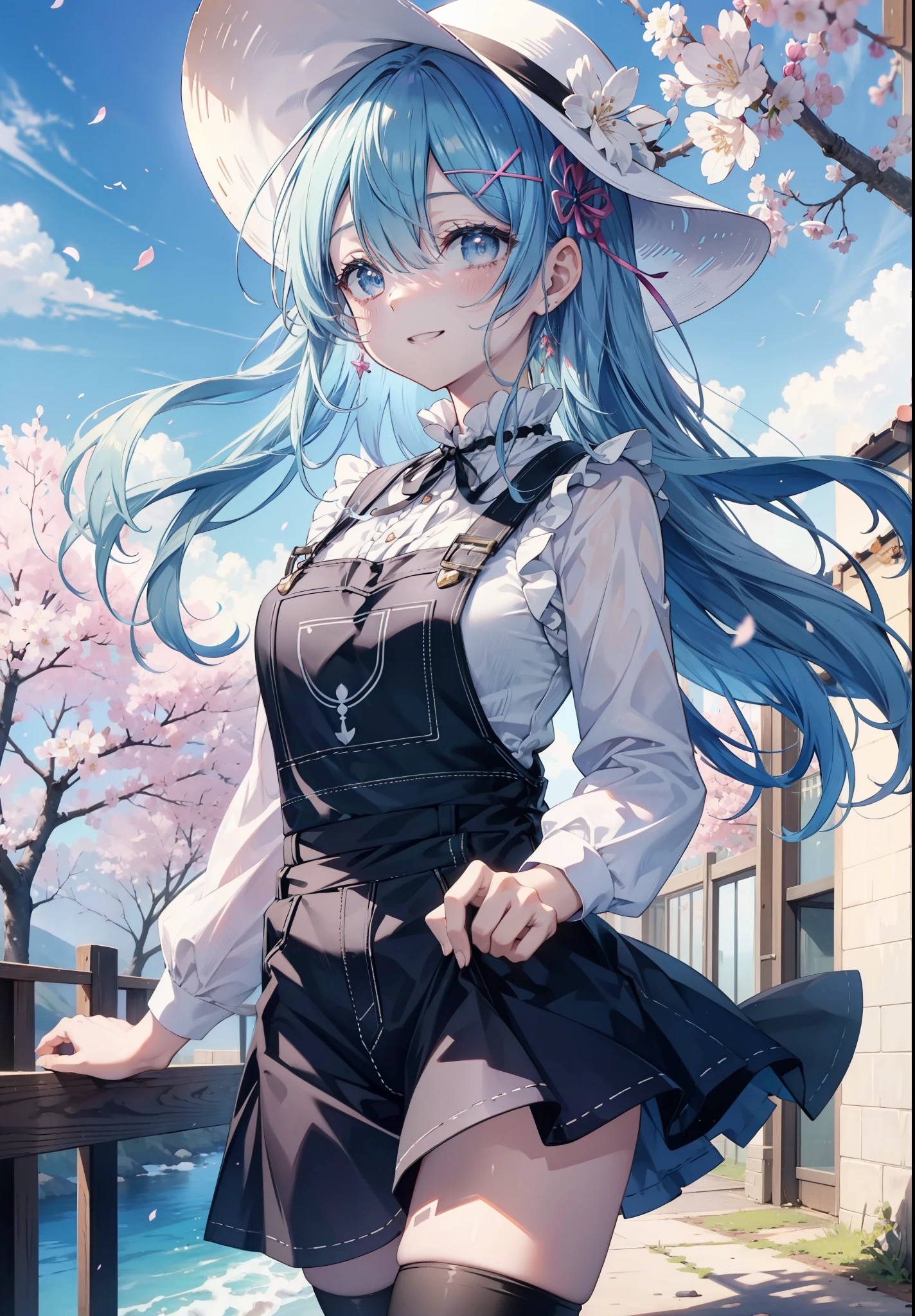 rezeroRem, Rem, blue eyes, blue hair, hair ornaments, hair above one eye, hair ribbon, long hair, x hair ornaments,happy smile, smile, open your mouth,skirt,Hunting Hat,Pink tank top shirt,bare arms,denim overalls,shorts,black tights,Mini Boots,cherry blossoms,cherry blossoms並木道,cherry blossomsが咲いている,cherry blossomsが散っている,morning,morning日,the sun is rising,
break outdoors, garden,
break looking at viewer, (cowboy shot:1. 5)
break (masterpiece:1.2), highest quality, High resolution, unity 8k wallpaper, (figure:0.8), (detailed and beautiful eyes:1.6), extRemely detailed face, perfect lighting, extRemely detailed CG, (perfect hands, perfect anatomy),