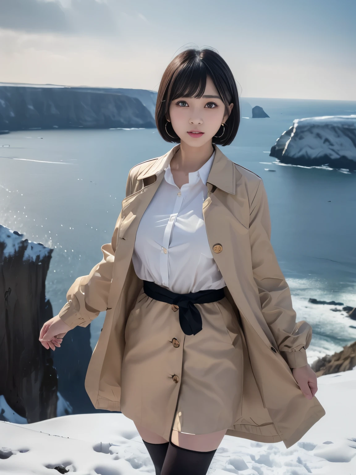 (Masterpiece, Best-quality, RAW-photo, Super-high-quality, Highest-quality, Photorealistic, 8K photo, NSFW), 
(anatomically correct, accurate human body, realistic person)
(Thin waist and busty style body, -yeld, Restic Japanese girl, short height, Kawaii Japanese, angelic beauty), 
(knee length trench coat, turn up the collar, close all buttons), 
(full length, whole body, standing, See photographer, look at viewer, turn the body forward, Very cold, It's freezing), 
(maiko, angelic beauty, Round face, Black hair, Black eyes, Moist eyes, Shining eyes, Short bob cut, Bangs, Down-slating eyebrows, one little earring), 
(angry look, frowning eyebrows, open your mouth wide, shout at the camera), 
(sheer cliff, Cliff in midwinter, strong wind is blowing)
bright lighting