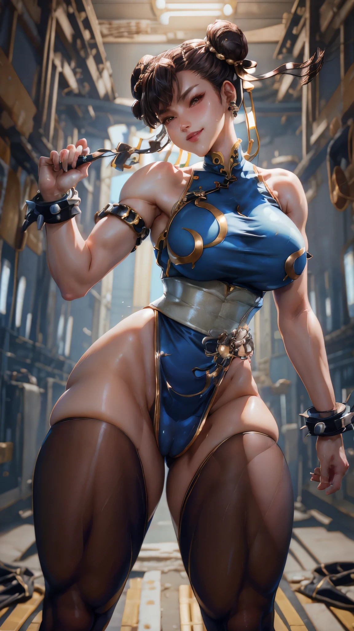 Eve wearing Chun Li's costume, Stellar Blade, large breast, thick thighs, muscular, curvy body,1girl,solo,heavy makeup,cute,earrings,ring braid,(lewd smile:1.1),holding mechanical sword,ponytail,idol,hooker, Chun Li's uniform,(battleground:1.1),