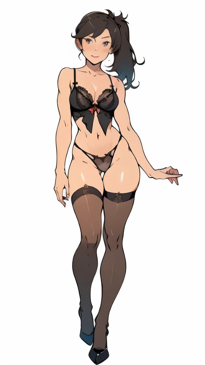 ((highest quality)), ((masterpiece)), (become familiar with), Kaga with a perfect face (KanColle), {{kaga kai ni (KanColle)}}, side ponytail, brown eyes, black long hair, black stockings ,, simple background, white background, ,1 girl, alone,,From before, facing the front, looking at the viewer, straight,,{{{game CG}}},2023,,so beautiful, highest quality, amazing quality, ,curated, figure, very detailed,, tsurime,slanted eyes, (black lingerie), ,NSFW、full body、flat chest