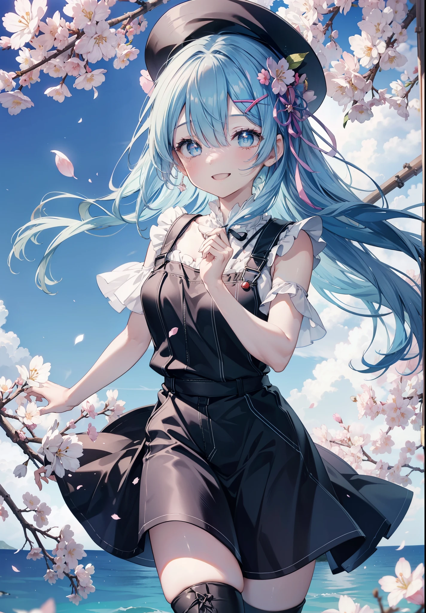rezeroRem, Rem, blue eyes, blue hair, hair ornaments, hair above one eye, hair ribbon, long hair, x hair ornaments,happy smile, smile, open your mouth,skirt,Hunting Hat,Pink tank top shirt,bare arms,denim overalls,shorts,black tights,Mini Boots,cherry blossoms,cherry blossoms並木道,cherry blossomsが咲いている,cherry blossomsが散っている,morning,morning日,the sun is rising,
break outdoors, garden,
break looking at viewer, (cowboy shot:1. 5)
break (masterpiece:1.2), highest quality, High resolution, unity 8k wallpaper, (figure:0.8), (detailed and beautiful eyes:1.6), extRemely detailed face, perfect lighting, extRemely detailed CG, (perfect hands, perfect anatomy),