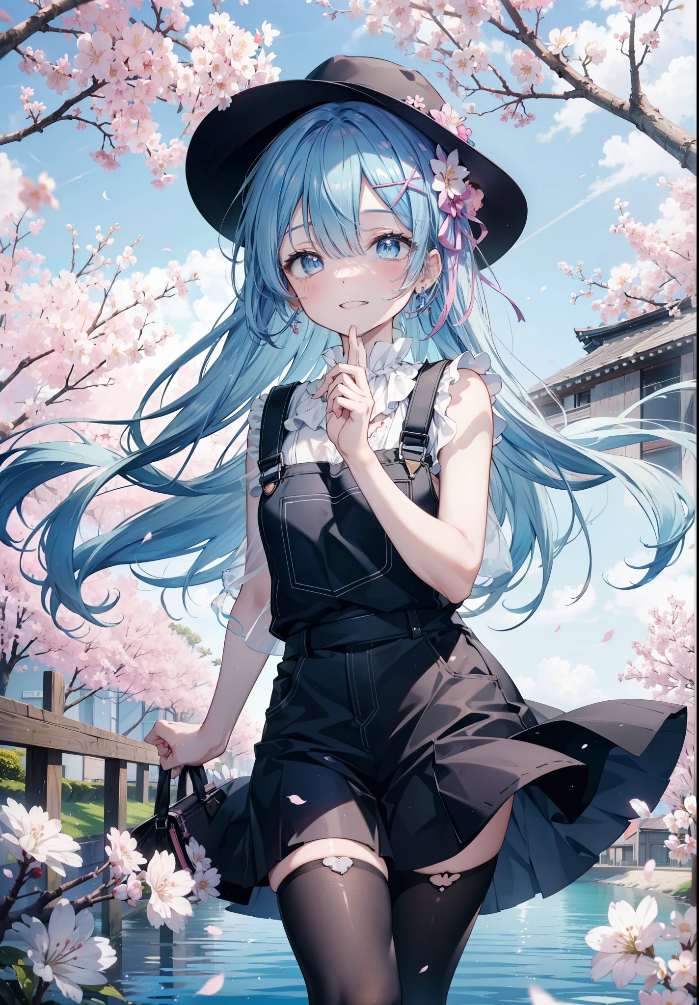 rezeroRem, Rem, blue eyes, blue hair, hair ornaments, hair above one eye, hair ribbon, long hair, x hair ornaments,happy smile, smile, open your mouth,skirt,Hunting Hat,Pink tank top shirt,bare arms,denim overalls,shorts,black tights,Mini Boots,cherry blossoms,cherry blossoms並木道,cherry blossomsが咲いている,cherry blossomsが散っている,morning,morning日,the sun is rising,
break outdoors, garden,
break looking at viewer, (cowboy shot:1. 5)
break (masterpiece:1.2), highest quality, High resolution, unity 8k wallpaper, (figure:0.8), (detailed and beautiful eyes:1.6), extRemely detailed face, perfect lighting, extRemely detailed CG, (perfect hands, perfect anatomy),