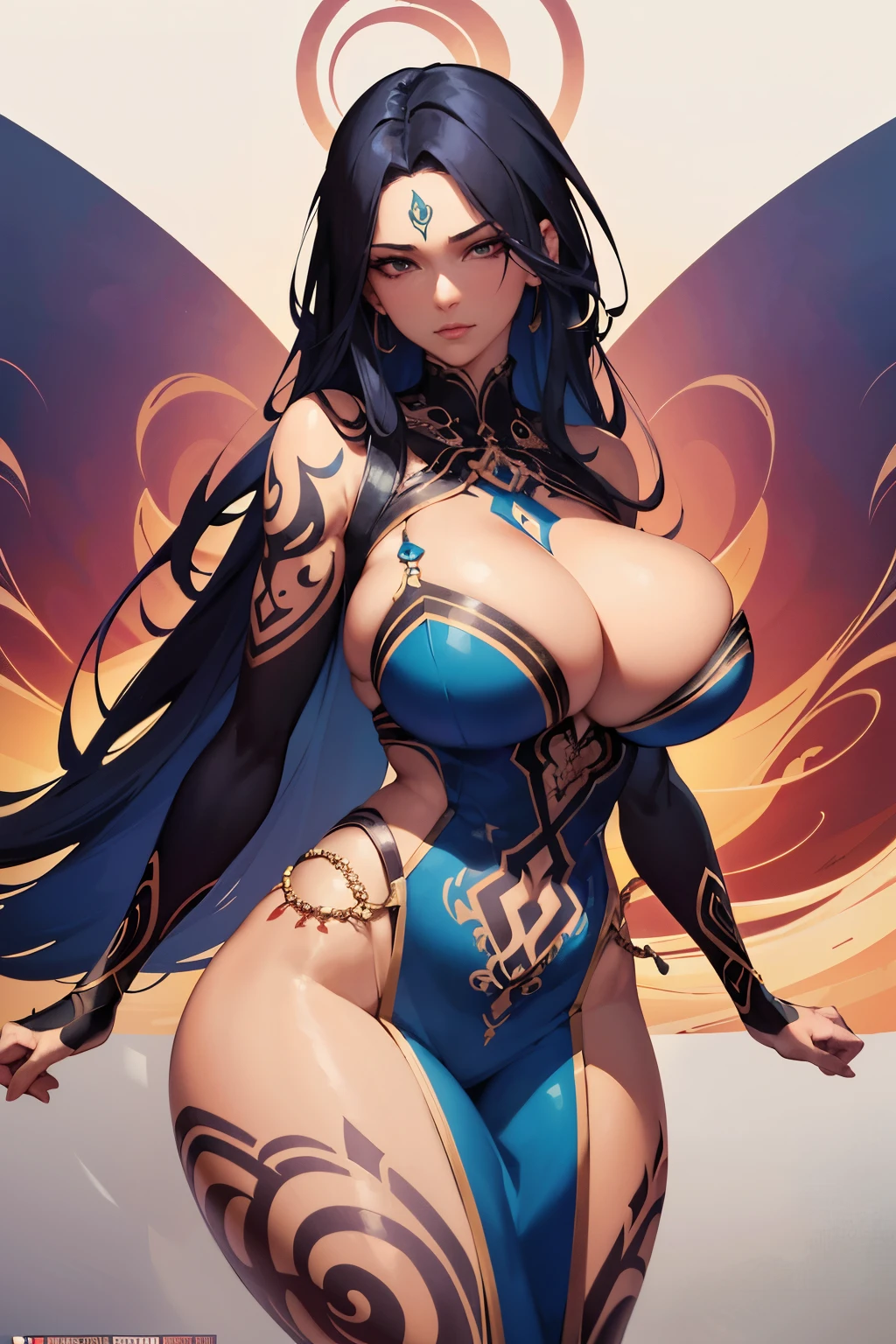 There is a curvaceous woman (large breasts, cleavage) adorned with intricate Tribal tattoos on her body, portrayed as a stunning digital illustration. Her image is an exquisite and beautiful digital artwork, meticulously created by the skilled hand of Jen Bartel. This stunning piece is an intricate and highly detailed vector art, showcasing the inimitable style of digital illustration. With each line, every curve and contour, the gorgeous digital art embraces the viewer, captivating their attention with its vivid and rich colors. The vector behance HD masterpiece by Jesper Ejsing further accentuates the woman's enchanting beauty with its deft