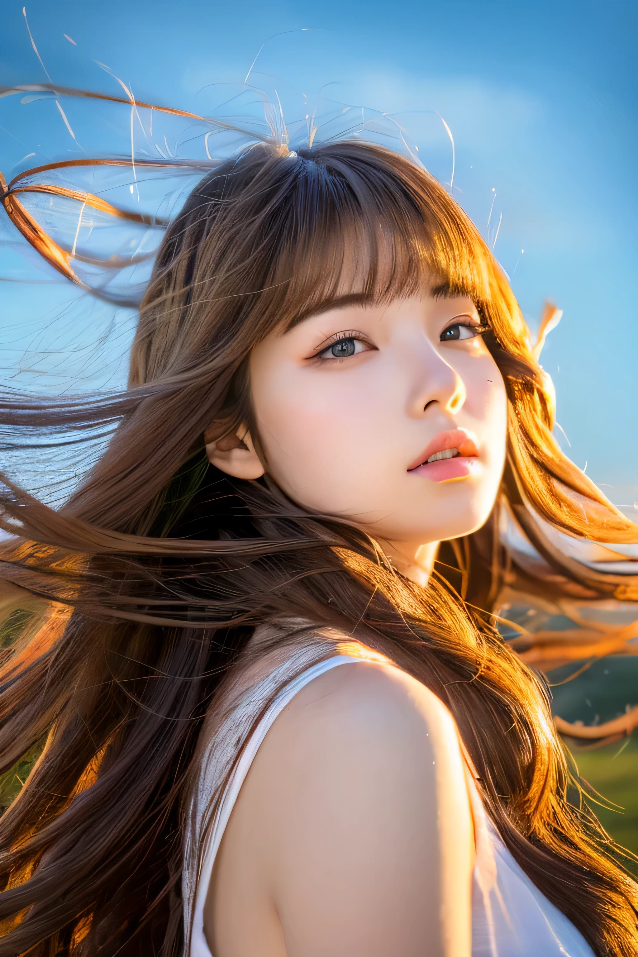 ((hair blowing in the wind、No makeup:1.2))、(realistic、Photoreal、super detailed、best detailed skins、highest quality、masterpiece、超A high resolution)、cute russian woman、14 years、high school girl、young girl、1 girl、have bangs、ash blonde:1.7、double eyelid、drooling eyes、Japanese style face、purity、realistic skin type、fluffy hair、red cheeks、The wind is blowing、night、illumination、lighting from behind、hair blowing in the wind