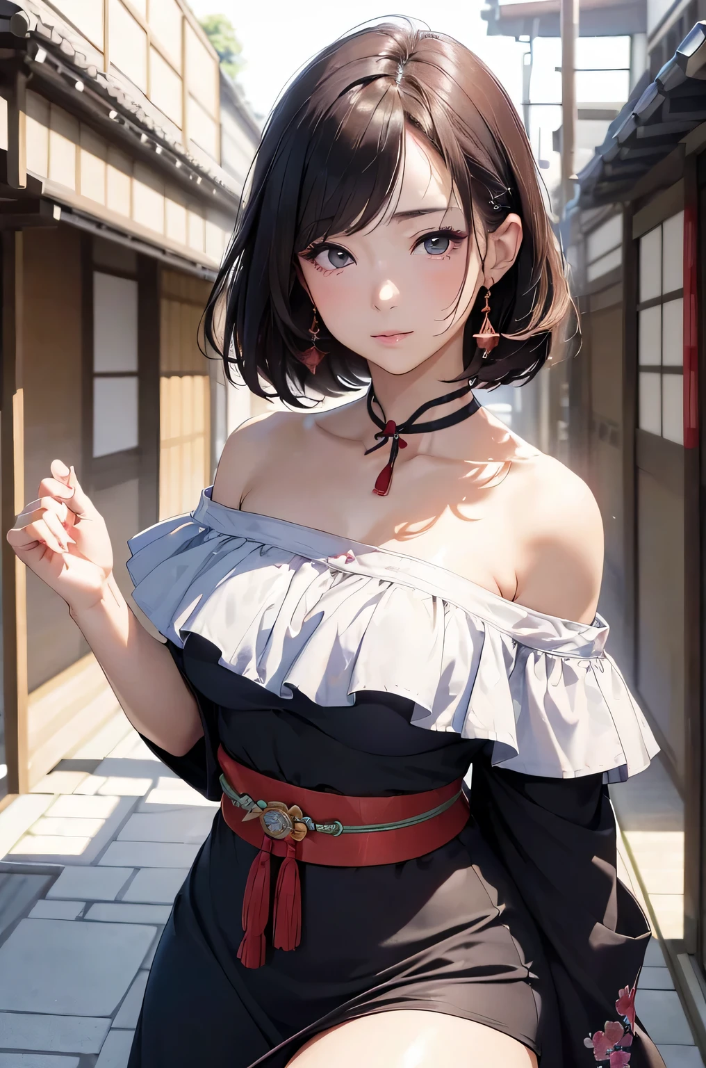 (((masterpiece))),(((High resolution)))、(((8K)))、(((perfect face)))、(((beauty of japan)))、40 years old、(((beautiful face))), (((off shoulder dress))), Plump, embarrassed look, look at the camera, (thighs)、top quality eyes, detailed texture, look at the camera, big tits