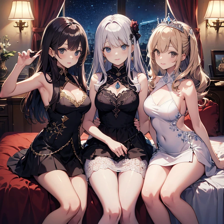 A group of young princesses, (in bedroom), various hair styles, harem, wearing royal dress, night, details face, , short skirt, seducing, sleeveless , showing armpits, night, starry night