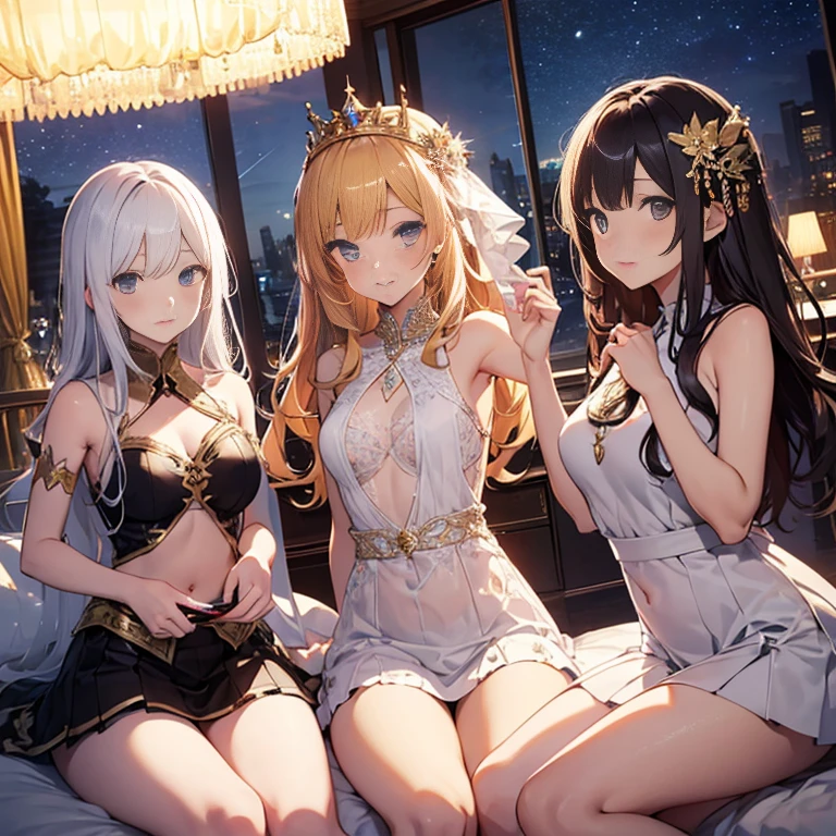 A group of young princesses, (in bedroom), various hair styles, harem, wearing royal dress, night, details face, , short skirt, seducing, sleeveless , showing armpits, night, starry night