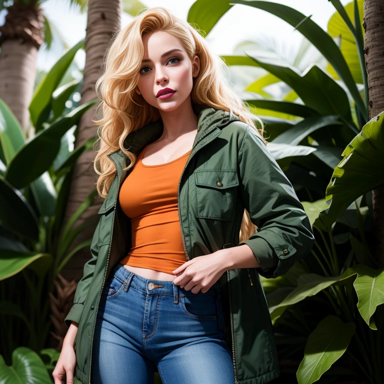 debbieb3rry, in jungle, long curly blonde hair, green jacket, orange shirt, torn jeans, purple lips, (intricate details), perfect eyes, perfect face, perfect lighting, beautiful, (masterpiece:1.2), (best quality:1.2)