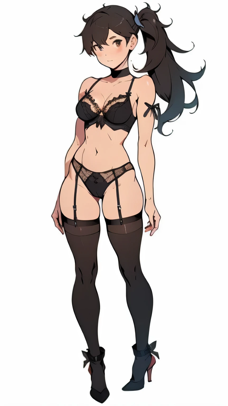 ((highest quality)), ((masterpiece)), (become familiar with), Kaga with a perfect face (KanColle), {{kaga kai ni (KanColle)}}, side ponytail, brown eyes, black long hair, black stockings ,, simple background, white background, ,1 girl, alone,,From before, facing the front, looking at the viewer, straight,,{{{game CG}}},2023,,so beautiful, highest quality, amazing quality, ,curated, figure, very detailed,, tsurime,slanted eyes, (black lingerie), ,NSFW、full body、flat chest