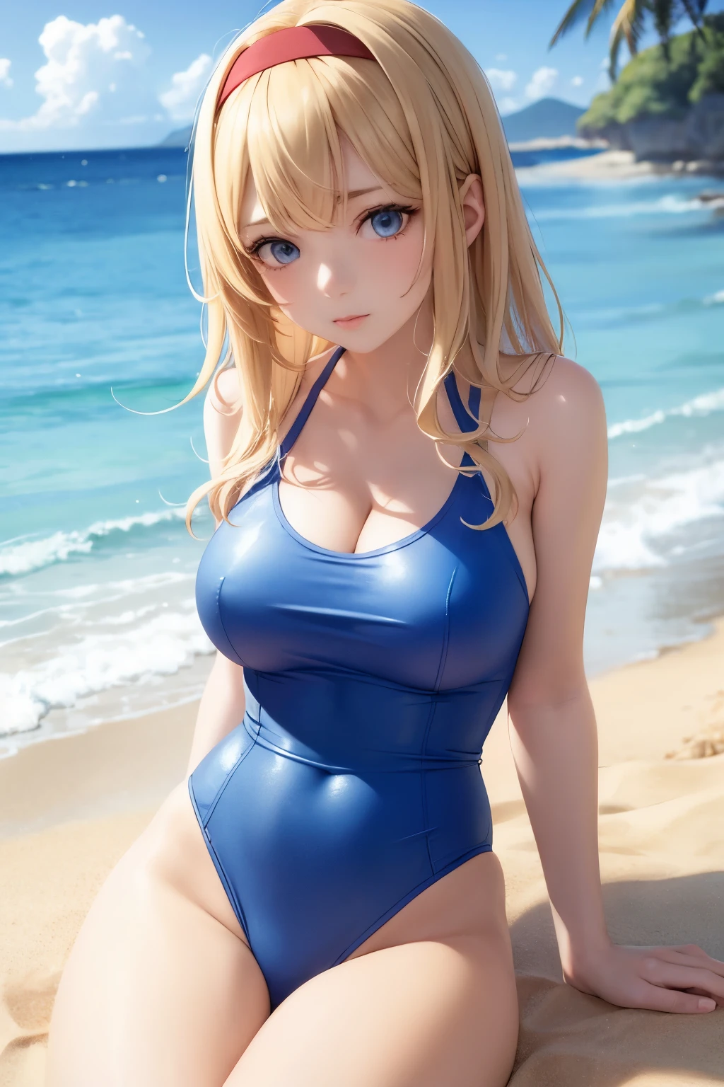 masterpiece, highest quality, 1 girl、alice margatroyd, Blonde medium hair(Wearing a red headband...),blue eyes,Sea and sand background、Huge 、Slender、Blue ruffled swimsuit、I could see the whole body