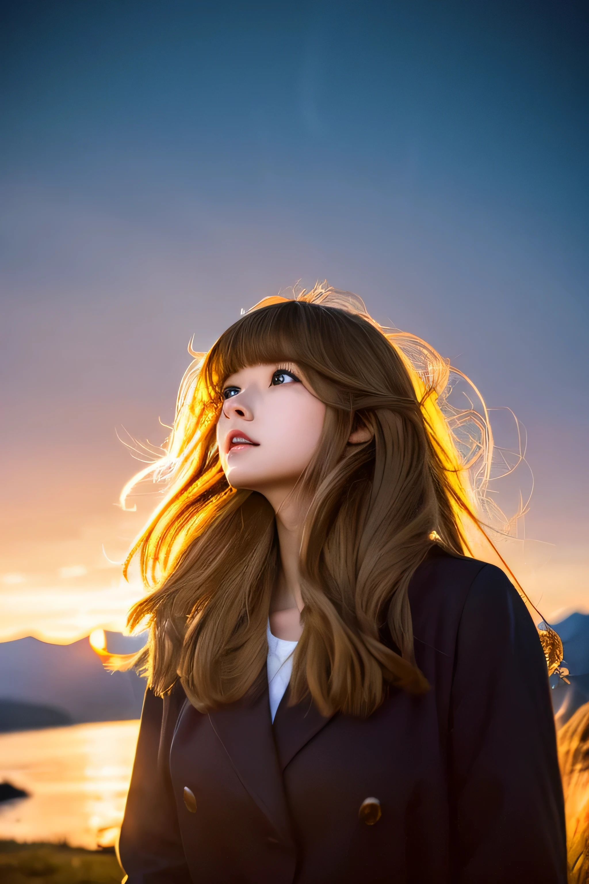 ((hair blowing in the wind、No makeup:1.2))、(realistic、Photoreal、super detailed、best detailed skins、highest quality、masterpiece、超A high resolution)、cute russian woman、14 years、high school girl、young girl、1 girl、have bangs、ash blonde:1.7、double eyelid、drooling eyes、Japanese style face、purity、realistic skin type、fluffy hair、red cheeks、The wind is blowing、night、illumination、lighting from behind、hair blowing in the wind