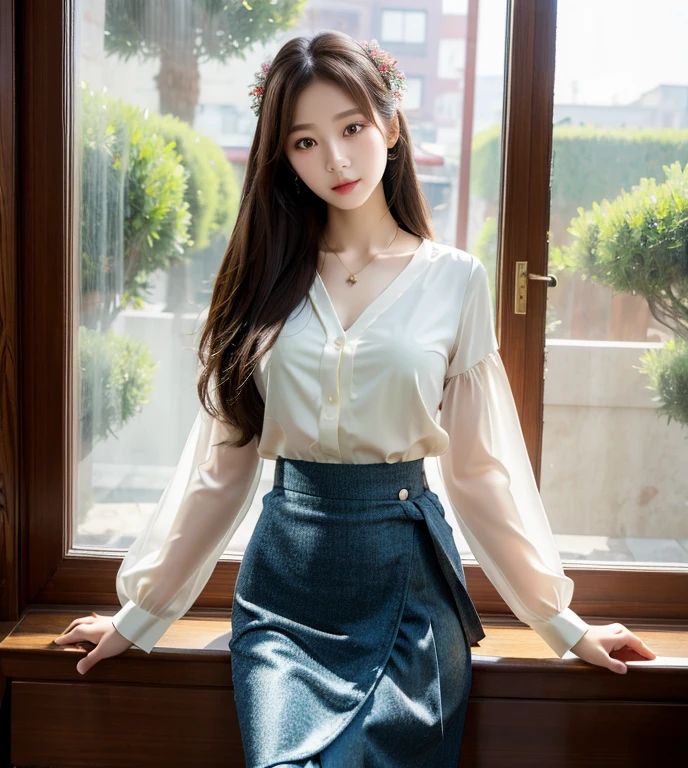 ((masterpiece)), ((highest quality)), (Super detailed), ((very detailed)), 4k, (8K), highest quality, alone,kind face、soft light、wrap skirt、blouse、window shopping、