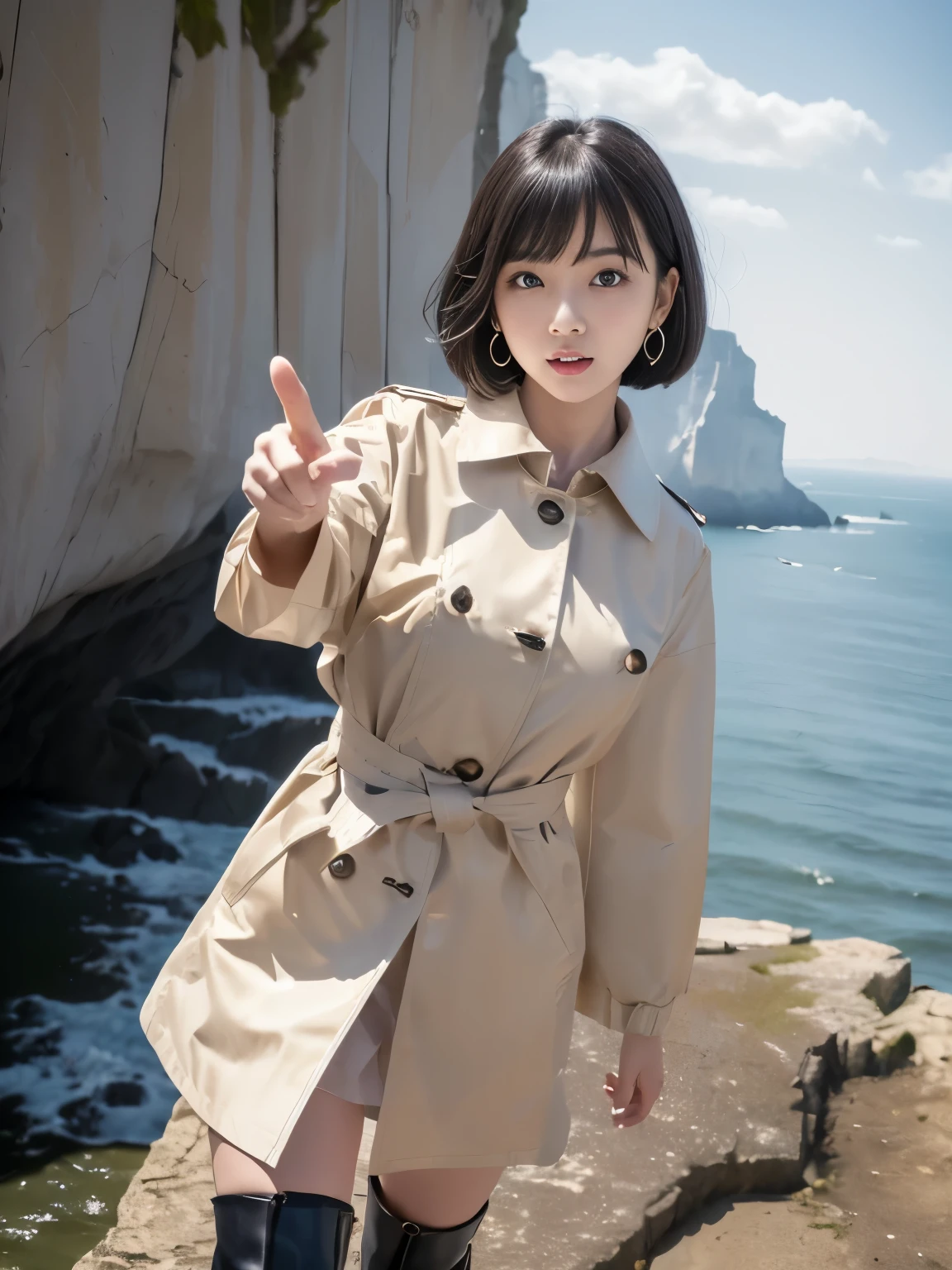 (Masterpiece, Best-quality, RAW-photo, Super-high-quality, Highest-quality, Photorealistic, 8K photo, NSFW), 
(anatomically correct, accurate human body, realistic person)
(Thin waist and busty style body, -yeld, Restic Japanese girl, short height, Kawaii Japanese, angelic beauty), 
(knee length trench coat, long black boots, turn up the collar, close all buttons), 
(full length, whole body, standing, See photographer, look at viewer, turn the body forward, point at the camera), 
(maiko, angelic beauty, Round face, Black hair, Black eyes, Moist eyes, Shining eyes, Short bob cut, Bangs, Down-slating eyebrows, one little earring), 
(angry look, frowning eyebrows, open your mouth wide, shout at the camera), 
(sheer cliff, Cliff in midwinter, strong wind is blowing)
bright lighting