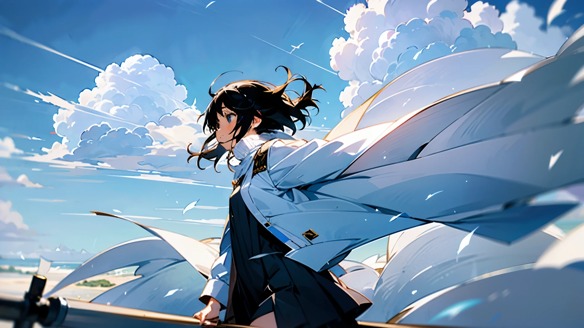 「While Yui flies freely through the sky、A scene where a poem is sent to a loved one far away。She rides the strong wind、Expressing the act of pushing aside the clouds。In the background, powerful clouds and an expansive blue sky、I can see the words of her poems travelling far away on the wind.。」