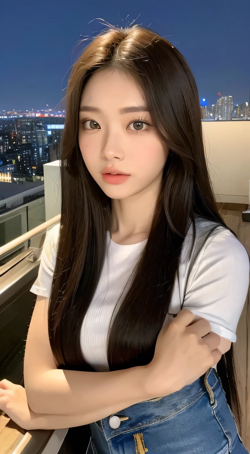 ((midnight, highest quality, 8K, masterpiece :1.3)), whole body, long legs, sharp focus :1.2, beautiful woman with perfect figure :1.4, thin abs :1.1, ((dark brown hair,huge breasts :1.2)), (white tight t-shirt, bib jeans, Are standing:1.2), ((night city view, rooftop:1.3)), Highly detailed face and skin texture, fine eyes, double eyelid
