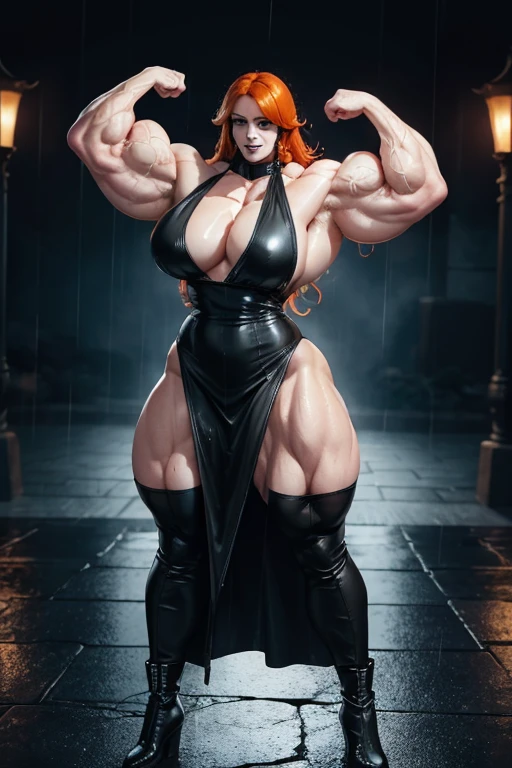 (((((Massive tall, beautiful, buff, wet, pale white skinned muscular woman with wet orange hair, black lipstick, ginormous bulky muscles, and wearing a beautiful black leather maxi dress))))), (close shot), massive muscle, massive biceps, hyper muscle shoulders, massive muscle arms, vascular shoulders, hyper muscle triceps, (shaggy long hair), green eyes, choker, (long fingerless gloves), (chain belt), black boots, (in a rainy pitch black alley), confidant smile, night, hyper vascular arm, hyper muscles arms, hyper muscle legs, (massive arms).