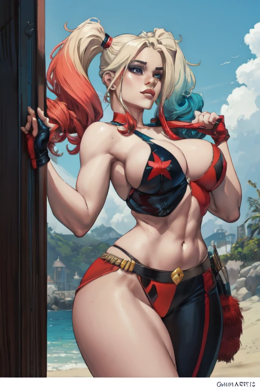 atman (Series), obra-prima, cores vividas, wallpaper Dc DC Comics Suicide Squad Harley Quinn Studio Crimson Axis 1girls antihero antiheroine beach big breasts blonde hair blue eyes busty camel Curvy Curvy figure Eyebrows eyelashes female eye Only female hair Hips hourglass figure huge human breasts big breasts skin fair light skin feminine lips multicolored hair braids thin waist solo sunset thick sweat thick legs thick thighs villainous thighs villainy voluptuous feminine voluptuous wide waist cute, (obra de arte, Melhor qualidade:1.2), Harley Quinn (Renascimento), 1 garota, Sozinho, twintails, shorts,, cabelo loiro, cabelo multicolorido, luvas, inventar, seios, fingerless luvas, umbigo, olhos azuis, barriga, batom, cabelo rosa, tennis, sapato, joelheiras, short curto, decote, cabelo gradiente, pele colorida, acima dos joelhos, pale skin, gargantilha, medium seios, open jaqueta, coxas, esmalte, Pele branca, unhas vermelhas, asymmetrical pants, corte superior, de cima, fechar-se, ajoelhado, ao ar livre