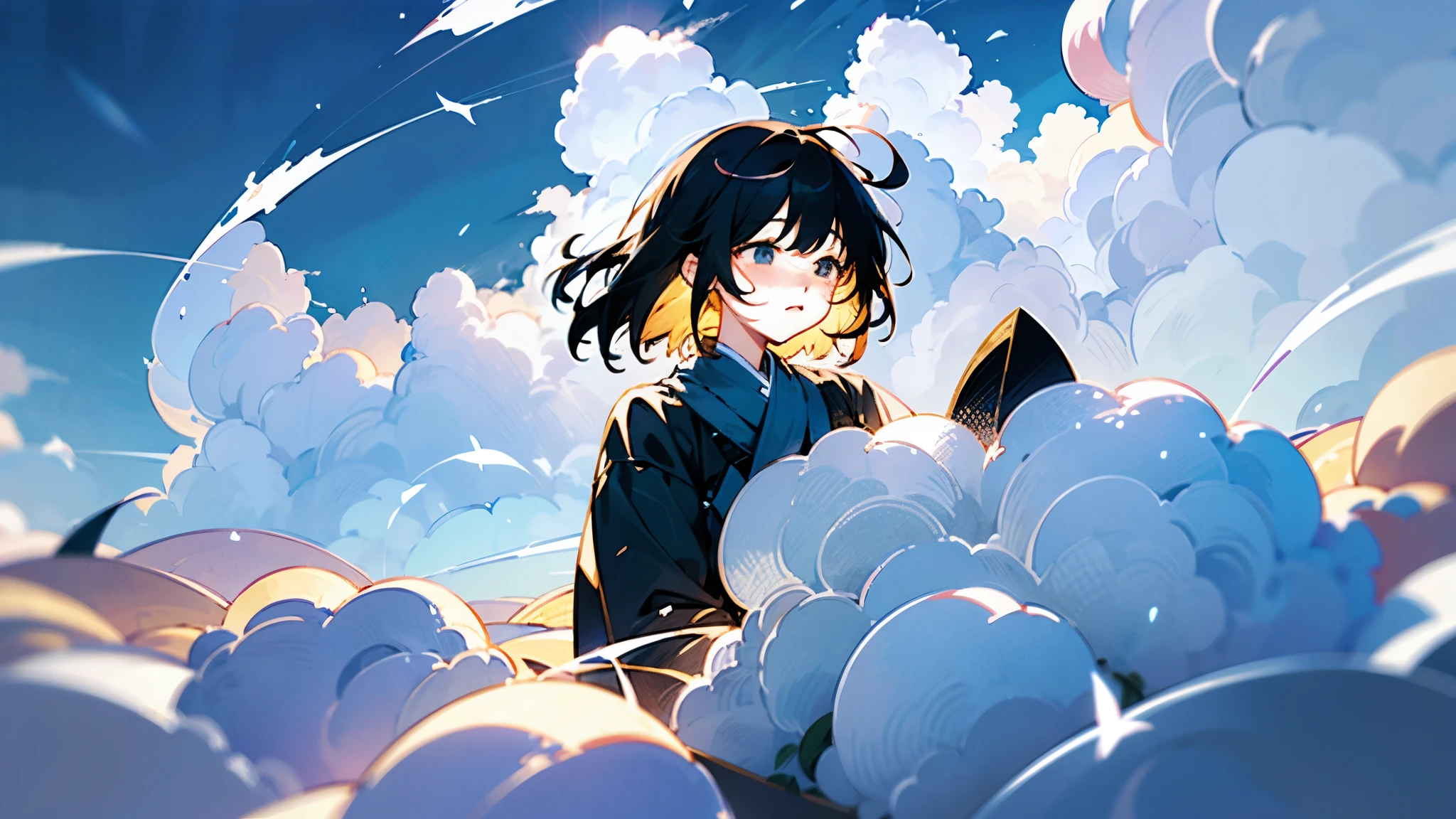 「On a cloud full of loneliness、A scene where Yui loves silence and breathes life into poetry。She made the clouds her friends.、Depict the moment when it is transformed into poetry。The surrounding area is characterized by the changing cloud shapes.、Emphasizing the beauty of solitude, the source of Yui's creativity。」