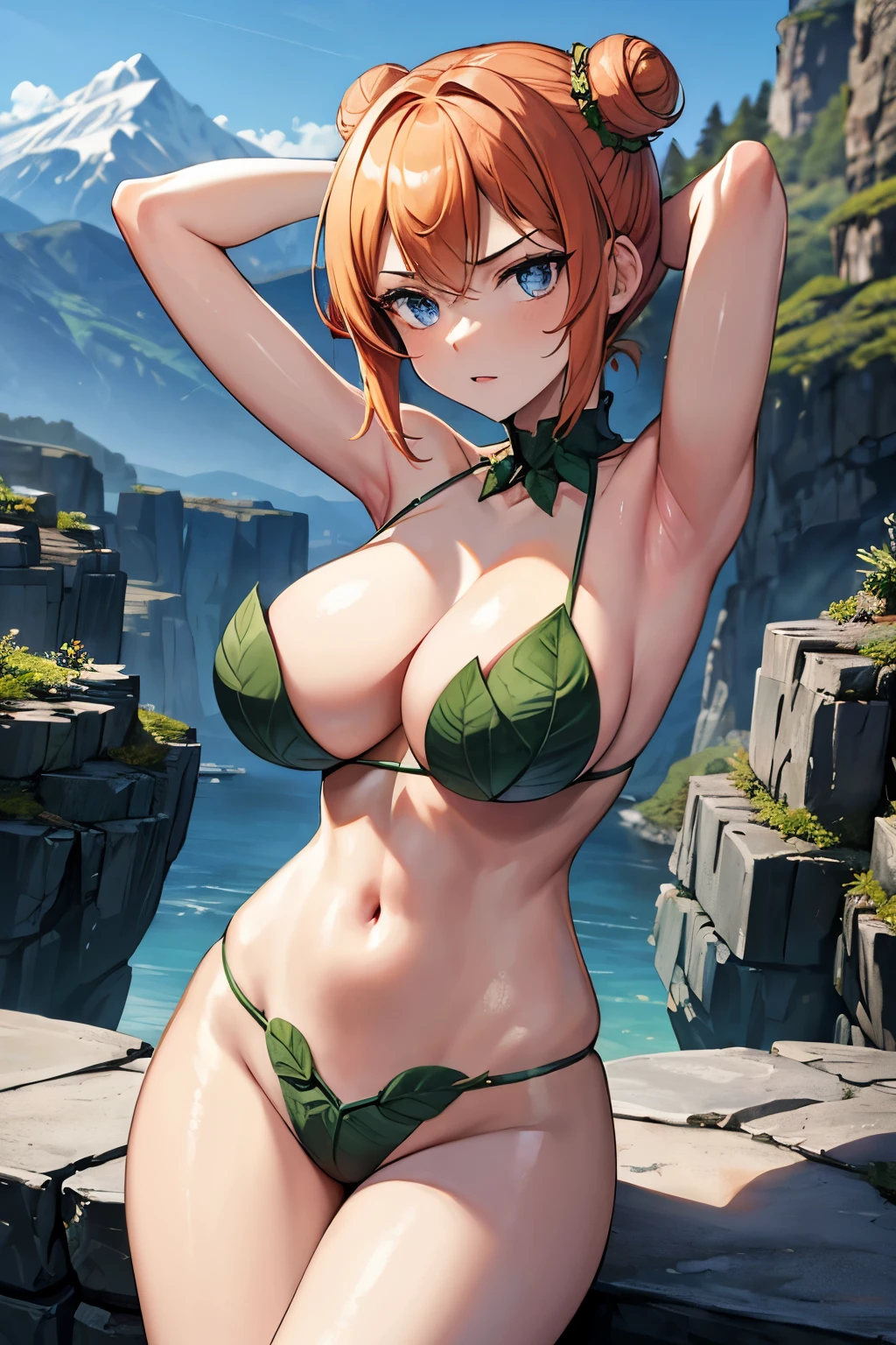 (masterpiece), best quality, expressive eyes, perfect face, 1girl, solo, tomboy, mature female, big breasts, short hair, Cleavage, orange hair BREAK hair buns, double buns, blue eyes BREAK leaf bikini, :/, glaring, arms up, arms behind head, standing, mountains, rocky landscape, rocks, wasteland, bare legs