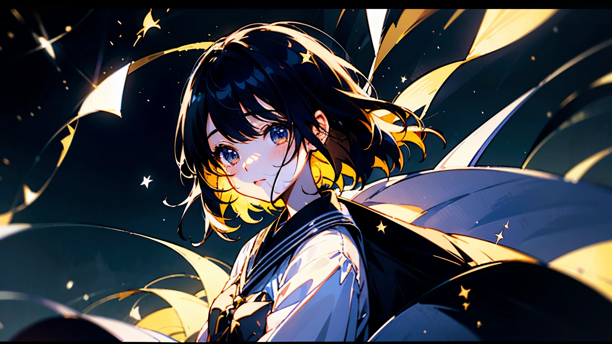 「When night comes、The scene where the stars start to twinkle around Yui。She stars々Guided by the light of、Spinning the words of a poem。In the background is a beautiful night sky with shining stars、The whispers from the stars inspire my poetry.、Illuminating her creative endeavors。」