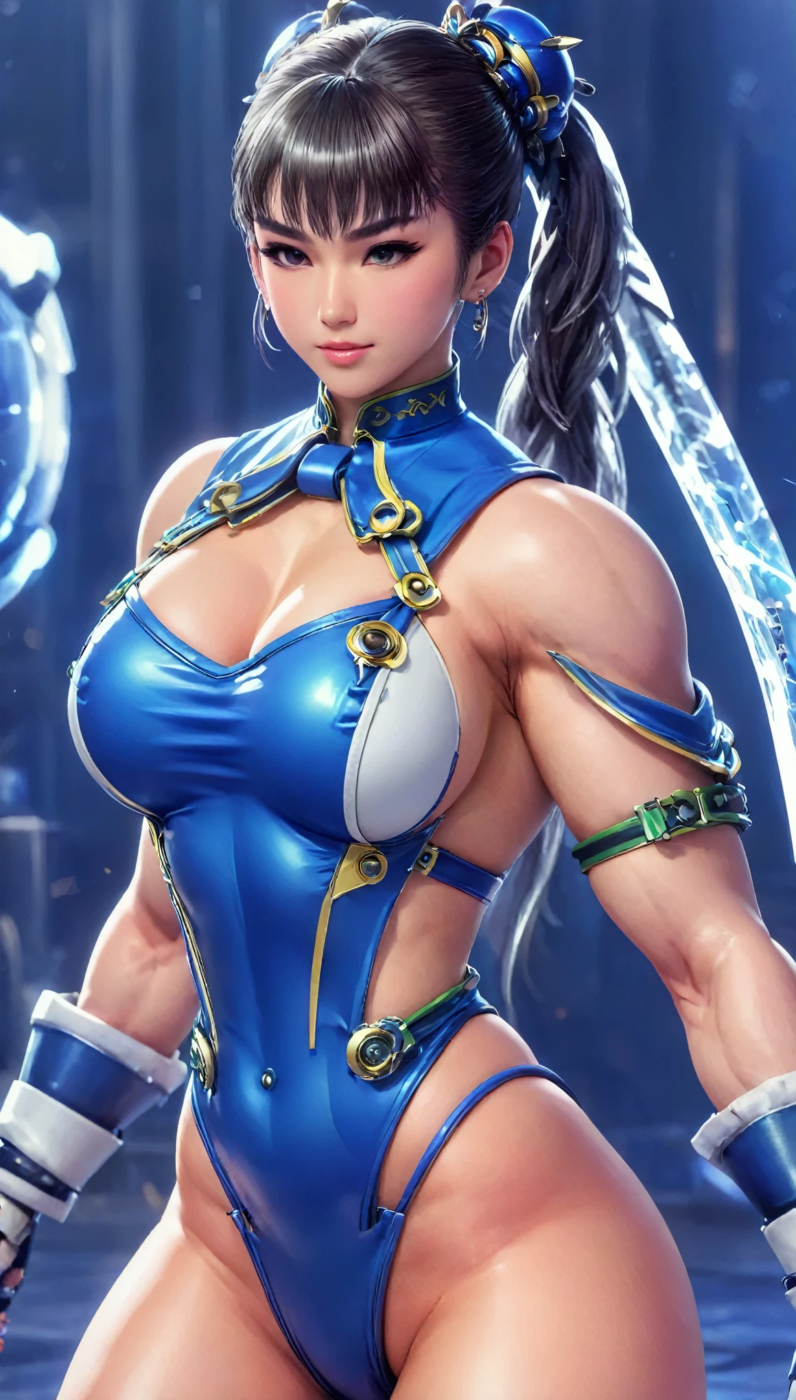 Eve wearing Chun Li's costume, Stellar Blade, large breast, thick thighs, muscular, curvy body,1girl,solo,heavy makeup,cute,earrings,ring braid,(lewd smile:1.1),holding mechanical sword,ponytail,idol,hooker, Chun Li's uniform,(battleground:1.1),