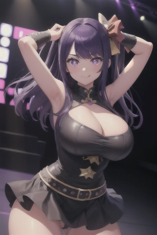 girl, full body, cowboy shot, (Rembrandt), illustration, (masterpiece), (best quality), (ultra_detailed), finely detail, (Depth of field), HshinoAi, idol, gloves, tongue out, tongue, long hair, star \(symbol\), looking at viewer, (purple hair:1.2), purple eyes, upper body, hair ornament, :p, naked, nude, completely naked except for boxing gloves, boxing gloves, arms in at fighting stance, idol, symbol-shaped pupils, hands up,huge ass, huge breasts, huge thighs, narrow waist, wide hips, thick thighs, curvy, bangs, one side up, star-shaped pupils, arms up, dress pull, on stage,