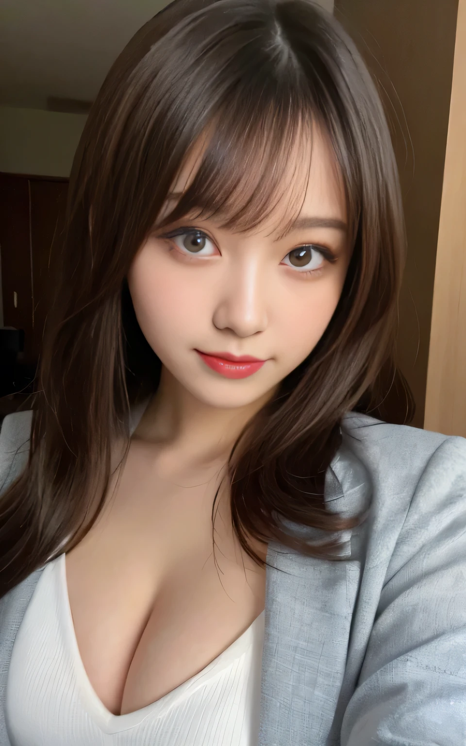 table top, highest quality, shape, Super detailed, finely, High resolution, 8k wallpaper, perfect dynamic composition shape, beautiful and detailed eyes, underwear,bob hair, middle of chest, natural color lip, Random sexye,smile,20 year old girl、Huge 、suit、suit jacket、sexy、nipCowgirl
