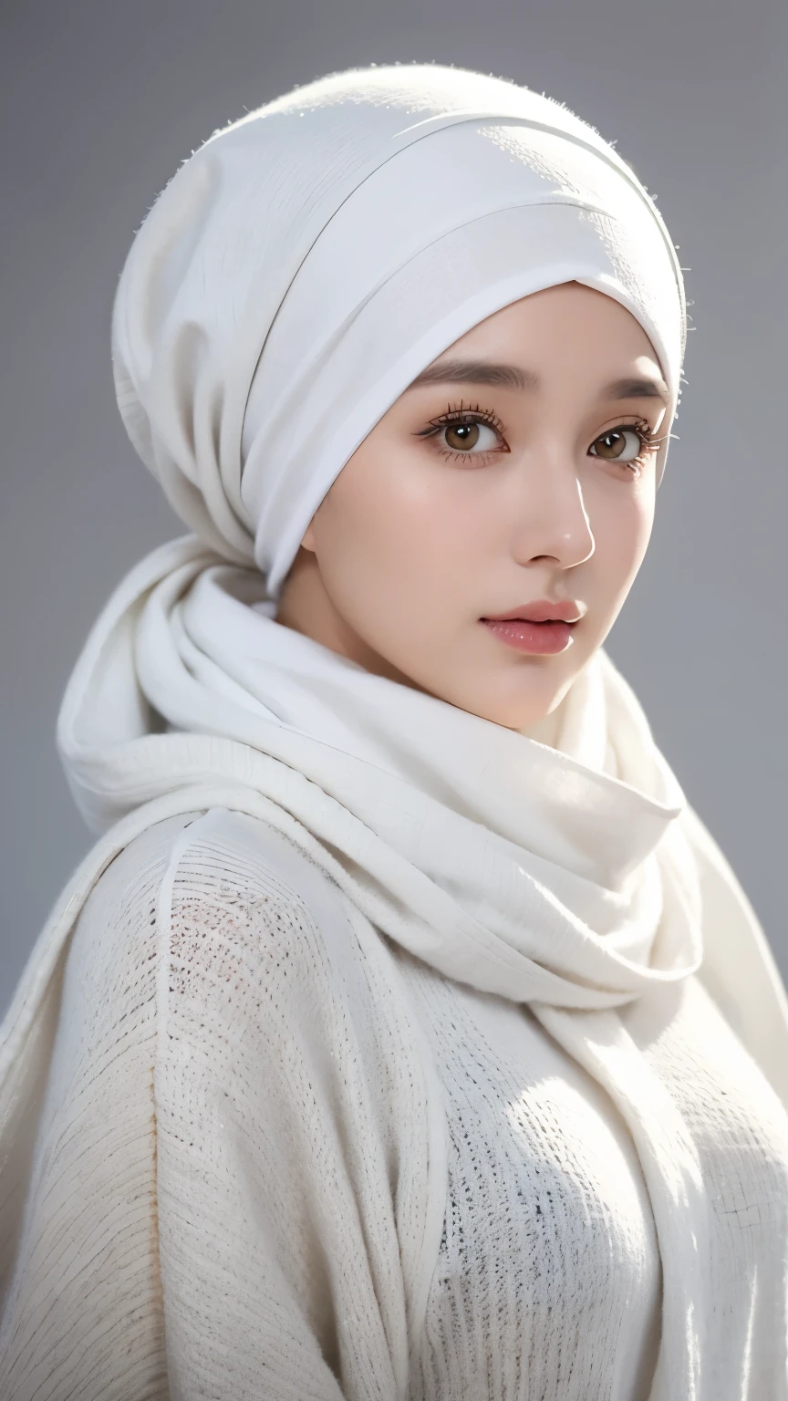 a woman wearing a white sweater and a gray scarf, wearing a head scarf, wearing a turban, inspired by Maryam Hashemi, turban, head scarf, cloth head wrap, hijab, white hijab, with black beanie on head, wearing a chocker and cute hat, thoughtful expression, extremely beautiful, very extremely beautiful, serene expression, thoughtful pose