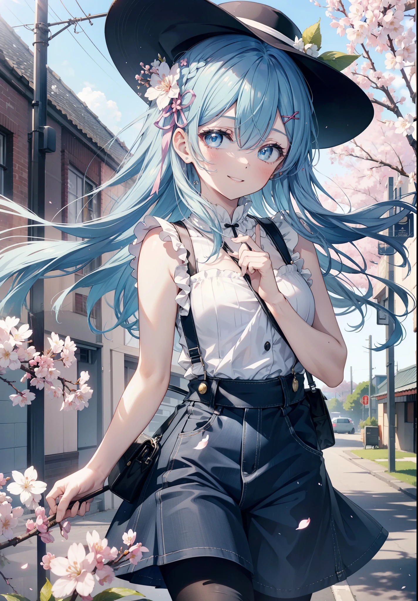 rezeroRem, Rem, blue eyes, blue hair, hair ornaments, hair above one eye, hair ribbon, long hair, x hair ornaments,happy smile, smile, open your mouth,skirt,Hunting Hat,Pink tank top shirt,bare arms,denim overalls,shorts,black tights,Mini Boots,cherry blossoms,cherry blossoms並木道,cherry blossomsが咲いている,cherry blossomsが散っている,morning,morning日,the sun is rising,
break outdoors, garden,
break looking at viewer, (cowboy shot:1. 5)
break (masterpiece:1.2), highest quality, High resolution, unity 8k wallpaper, (figure:0.8), (detailed and beautiful eyes:1.6), extRemely detailed face, perfect lighting, extRemely detailed CG, (perfect hands, perfect anatomy),