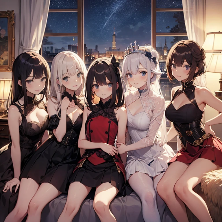 A group of young princesses, (in bedroom), various hair styles, harem, wearing royal dress, night, details face, , short skirt, seducing, sleeveless , showing armpits, night, starry night