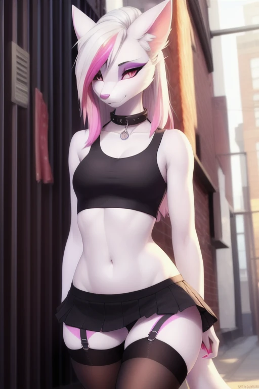 uploaded on e621, explicit content, 3d, cutesexyrobutts, hioshiru, female, solo, mienshao, alleyway setting, (black eyeshadow, clothes, (microskirt), collar, (see-through slutty crop top), style, (thighhighs)), clothed, clothing, three-quarter portrait, closeup, standing, figure, medium breasts, toned stomach, thick thighs, wide hips, (white hair with pink highlights),