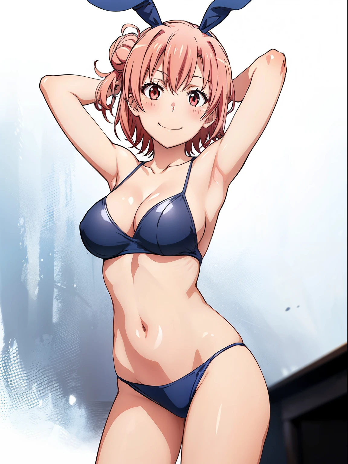 ((masutepiece, Best Quality, hight resolution, nffsw, Perfect Pixel, depth of fields, 4K, )), 1girl in, Solo, , Beautiful anime girl, Beautiful Art Style, close up, Looking up at Viewer, Perfect body, Yuigahama Yui, Short hair, single hair bun, pink hair, (large boob), Full face blush, Smile, thighs thighs thighs thighs, navy playboy bunny, belly button, white background, hands behind head, armpits, cowboy shot, Focus,