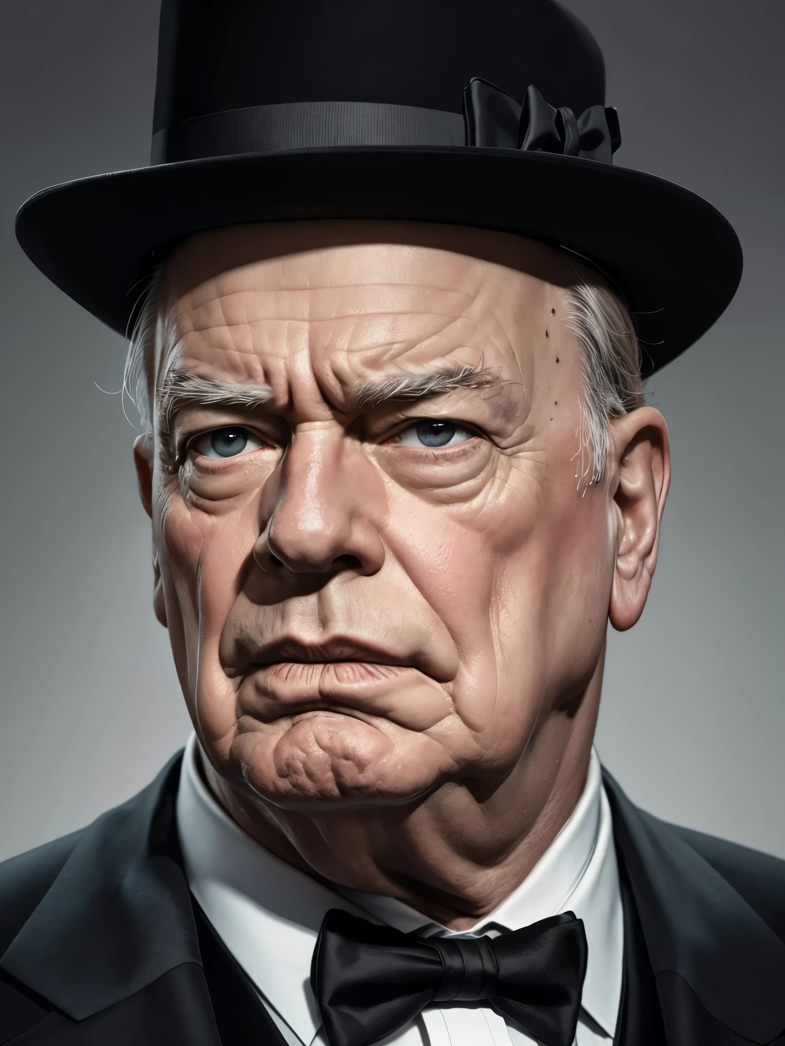 Draw a realistic portrait of Winston Churchill in artistic style. Ele deve ser retratado como um homem mais velho, with characteristic gray hair and a determined look. Be sure to capture the distinctive features of Churchill&#39;s face, incluindo suas sobrancelhas espessas, the famous cigar between his lips and his expressive look. He must be wearing a classic suit with a bow tie, as was common in his iconic photographs. O fundo da imagem deve ser simples para destacar o rosto e a personalidade de Churchill. Ensure your facial expression conveys your strong presence and charisma. Use precise shadows and details to create an accurate representation of this historic leader.