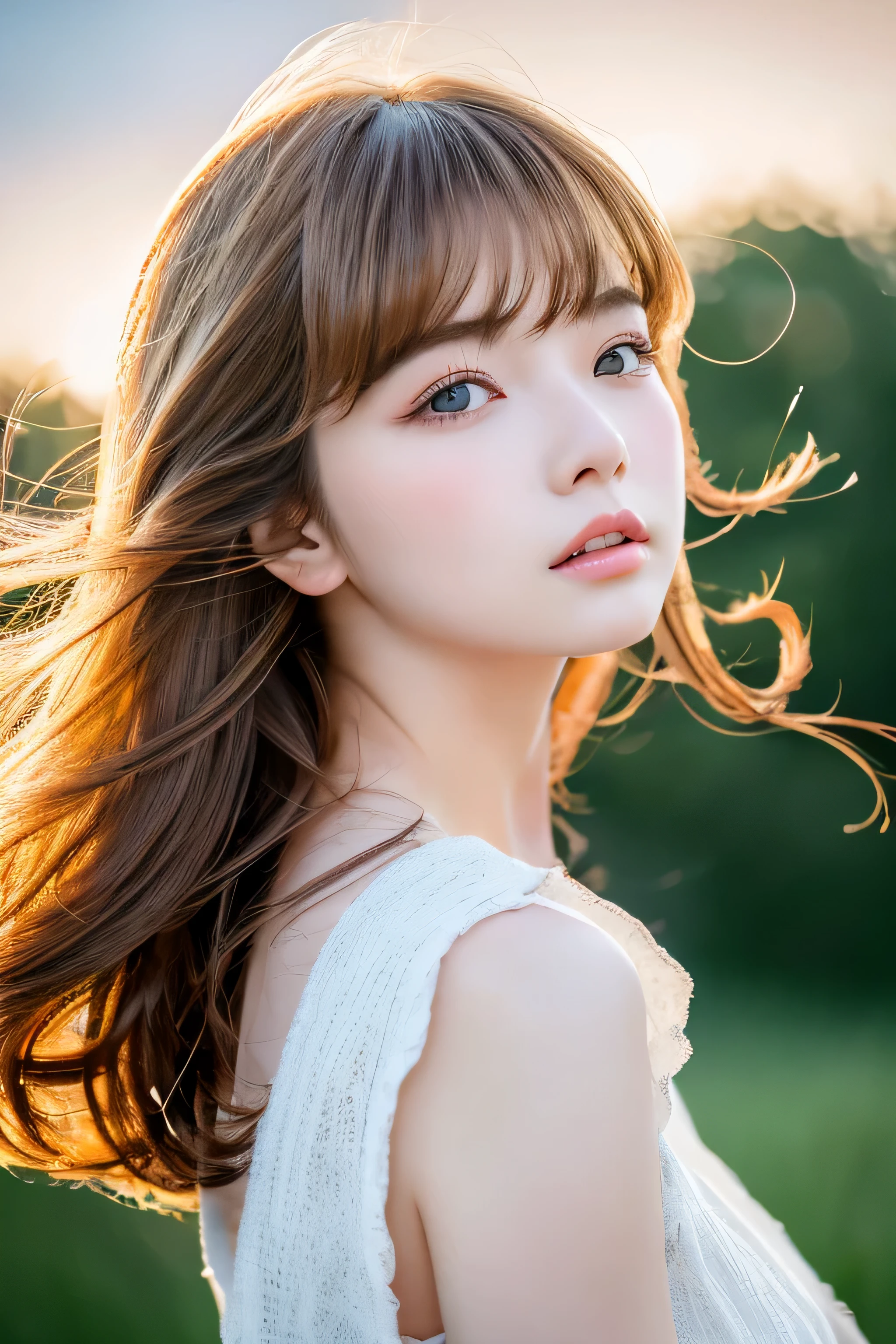 ((hair blowing in the wind、No makeup:1.2))、(realistic、Photoreal、super detailed、best detailed skins、highest quality、masterpiece、超A high resolution)、cute russian woman、14 years、high school girl、young girl、1 girl、have bangs、ash blonde:1.7、double eyelid、drooling eyes、Japanese style face、purity、realistic skin type、fluffy hair、red cheeks、The wind is blowing、night、illumination、lighting from behind、hair blowing in the wind