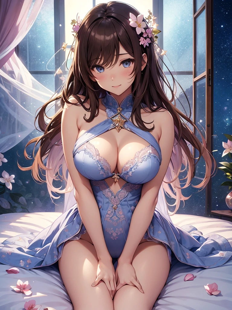Highest image quality、Beautiful woman sleeping in bed(lieing on bed) Femme fatale、Fujiko Mine、elegant、low angle、Beautiful eyes、Gentle atmosphere、beautiful underwear、front、low angle、a lot of cherry blossom、brown hair、sexy、Sweat、Arms up and behind、friendly smile、hotel room、fantastic light、magic light、mysterious light、rembrandt Light Magical Gentle Light 、starrynight,full body stockings、big breasts、bust 90、detailed groin、open your legs、window、starry sky、beautifulstarrynightnight view、Beautiful decoration、art nouveau、Alphonse..Mucha、falling petals、ART、UHD、highest quality、masterpiece、SHARP、