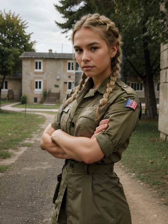 French braid, blonde, military, outdoor, barracks, crossing arms