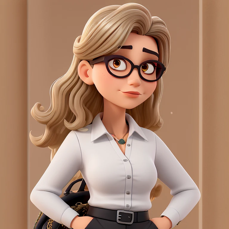 Uma mulher branca advogada, jovem, serious, Chic and wise, com cabelo longo e liso escuro, olhos esbugalhados e grandes na cor marrom, boca carnuda, quadril um pouco largo, with black dress pants, blusa preta e brazer branco, She's wearing sunglasses with a brown frame with a jaguar on it, salto alto preto, In a fancy law firm.