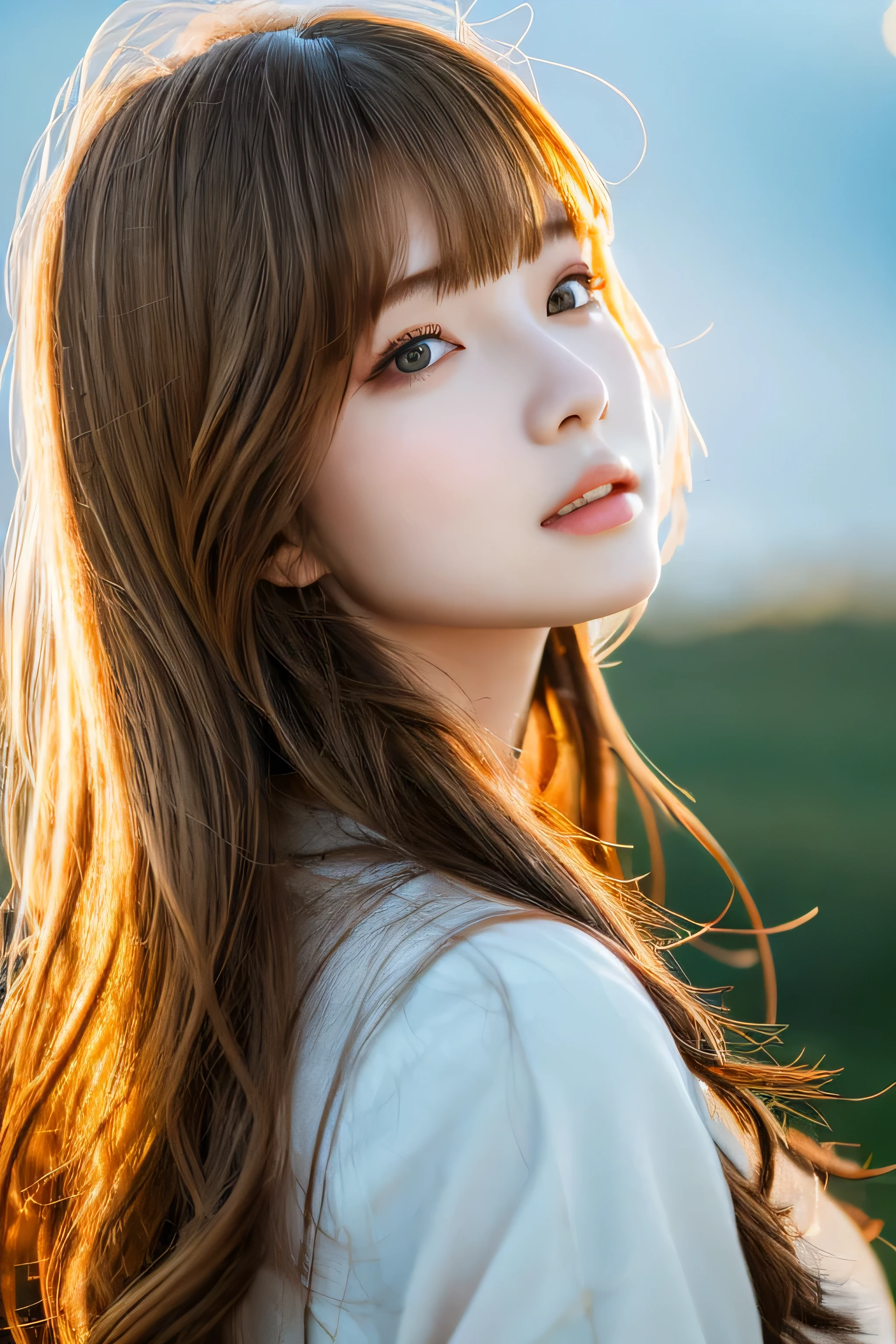 ((hair blowing in the wind、No makeup:1.2))、(realistic、Photoreal、super detailed、best detailed skins、highest quality、masterpiece、超A high resolution)、cute russian woman、、high school girl、young girl、1 girl、have bangs、ash blonde:1.7、double eyelid、drooling eyes、Japanese style face、purity、realistic skin type、fluffy hair、red cheeks、The wind is blowing、night、illumination、lighting from behind、hair blowing in the wind