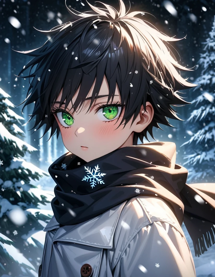 Ultra detailed, highres, absurdres, HDR, Fushiguro Megumi as a kid, green eyes, black hair, black scarf, white winter jacket, Jujutsu Kaisen, snowing, snowflakes, cute, ice forest,