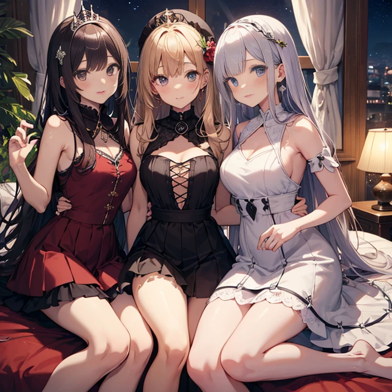 A group of young princesses, (in bedroom), various hair styles, harem, wearing royal dress, night, details face, , short skirt, seducing, sleeveless , showing armpits, night, starry night